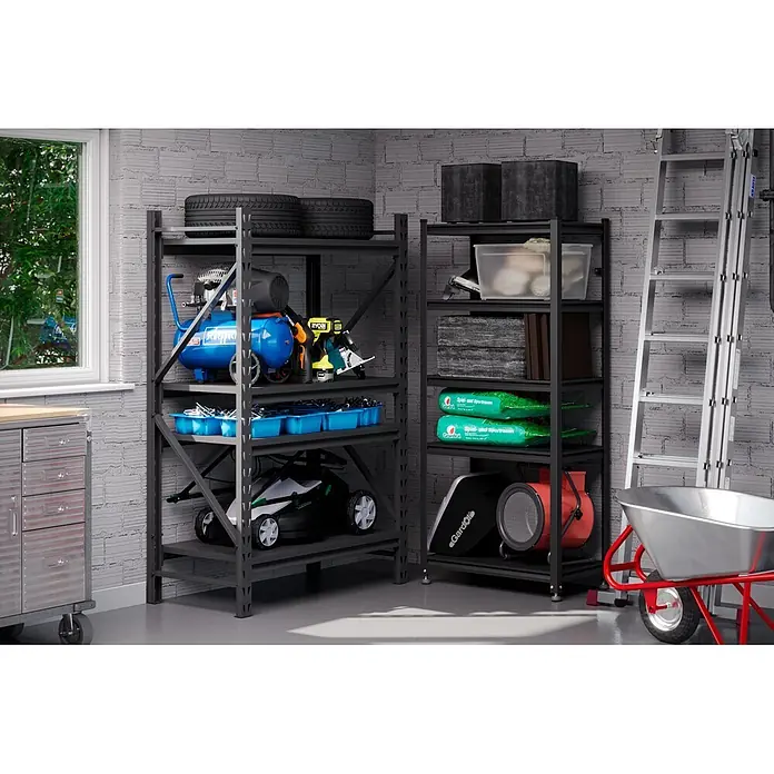 Regalux Metallregal Style S - H x B x T: 175 x 80 x 45 cm, Traglast pro Boden: 100 kg, Anzahl Böden: 5 Stk., Stecken, Schwarz - Schwarze Metall-Schwerlastregale zur Organisation von Werkzeugen und Gartenzubehör in einer Garage oder Werkstatt.
