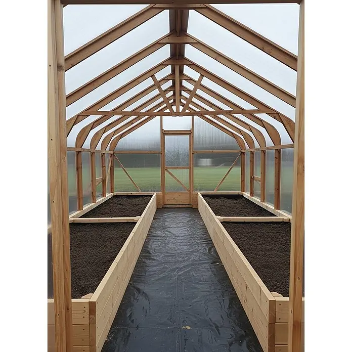 Garten Dream Gewächshaus Classic Wood - Außenmaß inkl. Dachüberstand (B x T): 300 x 400 cm, Material Seitenwand: Kunststoff, 4 mm, Braun - Geräumiges Gewächshaus aus Holz mit transparenten Platten, zwei Hochbeeten mit dunkler Erde und Mittelgang.