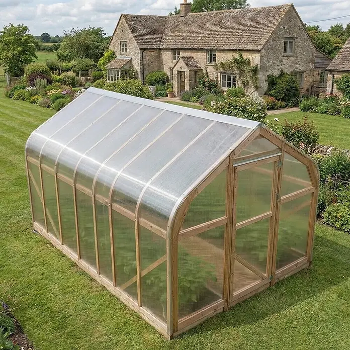Garten Dream Gewächshaus Classic Wood - Außenmaß inkl. Dachüberstand (B x T): 300 x 400 cm, Material Seitenwand: Kunststoff, 4 mm, Braun - Ein großes Gewächshaus aus Holz mit lichtdurchlässigen Platten steht auf grünem Rasen vor einem Steinhaus.