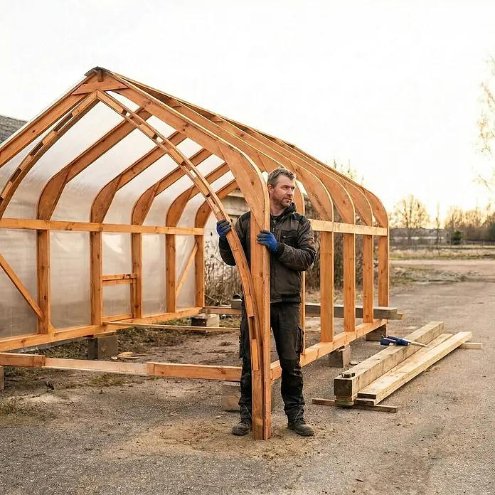 Garten Dream Gewächshaus Classic Wood - Außenmaß inkl. Dachüberstand (B x T): 300 x 400 cm, Material Seitenwand: Kunststoff, 4 mm, Braun - Mann montiert ein Holzgewächshausgestell mit transparenten Platten.