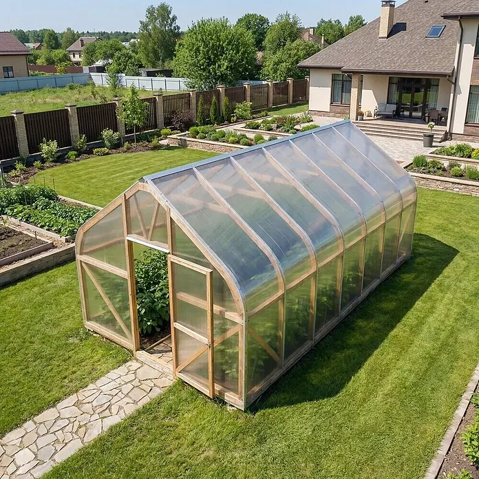 Garten Dream Gewächshaus Classic Wood - Außenmaß inkl. Dachüberstand (B x T): 450 x 1.000 cm, Material Seitenwand: Kunststoff, 4 mm, Braun - Gewächshaus aus Holz mit transparenten Paneelen und Bogendach in einem sonnigen Garten.