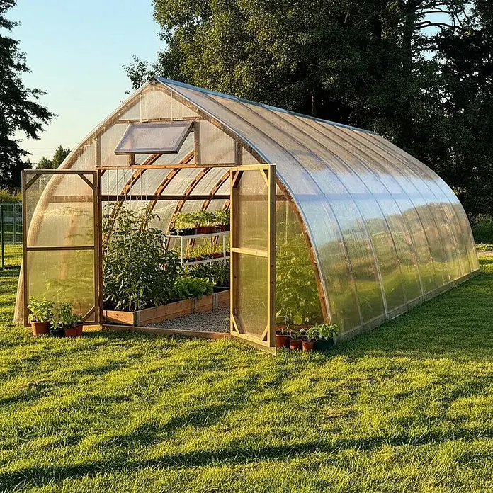 Garten Dream Gewächshaus Arched Wood - Außenmaß inkl. Dachüberstand (B x T): 500 x 1.000 cm, Material Seitenwand: Kunststoff, 4 mm, Braun - Gewächshaus mit transparenten Paneelen und Holzrahmen, gefüllt mit Pflanzen, in einem Garten.