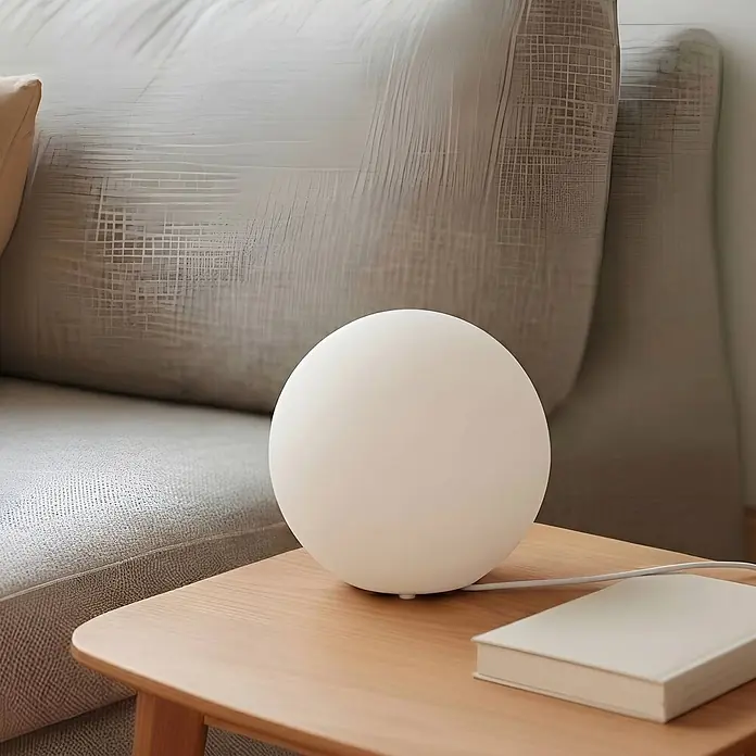 Lindby Tischleuchte Marike - weiß / opal, E27 - Weiße kugelförmige Tischlampe auf einem hölzernen Beistelltisch neben einem Sofa.