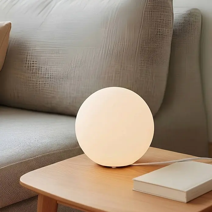 Lindby Tischleuchte Marike - weiß / opal, E27 - Eine beleuchtete, kugelförmige weiße Lampe steht auf einem Holztisch neben einem hellgrauen Sofa, mit einem weißen Buch.