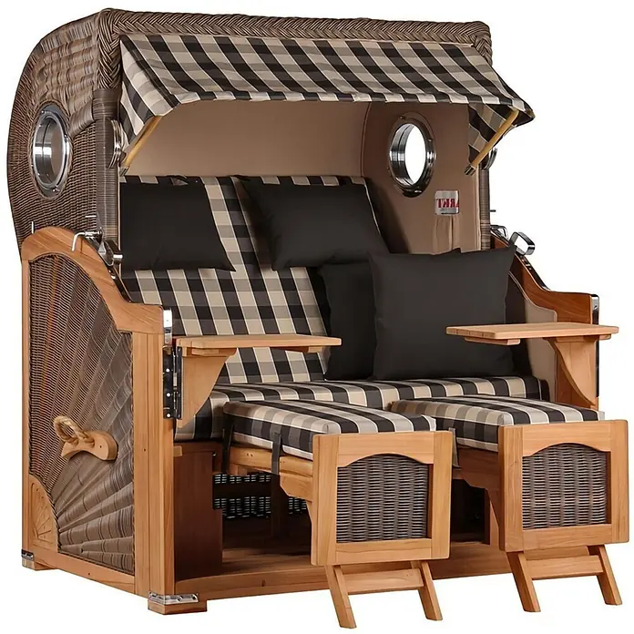 Mr. Deko Strandstuhl Strandkorb Düne Grande Bullauge Teak PE Grey Dessin 505 - 1 Stk., Teakholz. Polyrattan, Rückenlehne verstellbar, PE Grey - Brauner Strandkorb mit Holzrahmen, geflochtenen Seiten, karierten Kissen und ausziehbaren Fußstützen.