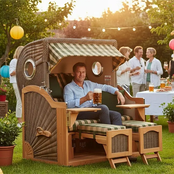 Mr. Deko Strandstuhl Strandkorb Düne Grande Bullauge Teak PE Grey Dessin 506 - 1 Stk., Teakholz. Polyrattan, Rückenlehne verstellbar, PE Grey - Ein Mann entspannt sich in einem braunen Korb-Strandkorb aus Holz mit grün gestreiften Kissen auf einer Gartenparty, ein Bier haltend.