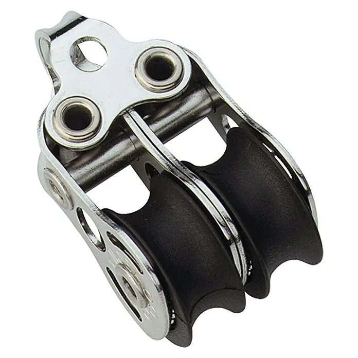 Sprenger Micro-XS-Block - 6 mm, Mit Bügel, Kugellager, 2 Rollen - Doppelter Umlenkblock aus Edelstahl mit zwei schwarzen Rollen für den Einsatz auf Segelbooten.