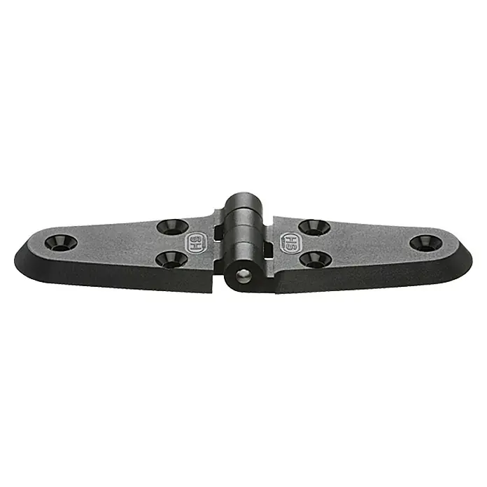 Sprenger Kunststoffscharnier - 140 x 40 mm, Schwarz - Nahaufnahme eines schwarzen Scharniers mit Beschriftung, das für Türen oder Möbel verwendet wird.