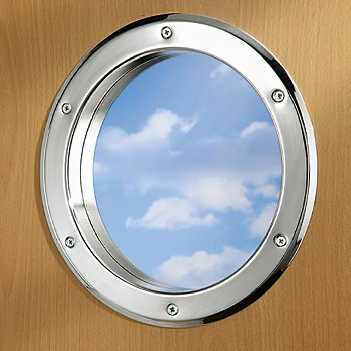 Mottez Bullauge - Metall, Silber, Optik Glas: Klarglas, Durchmesser: 26 cm - Nautisches Bullauge mit Blick auf einen strahlend blauen Himmel mit vereinzelten Wolken. Ein dekoratives Detail für maritime Atmosphäre.