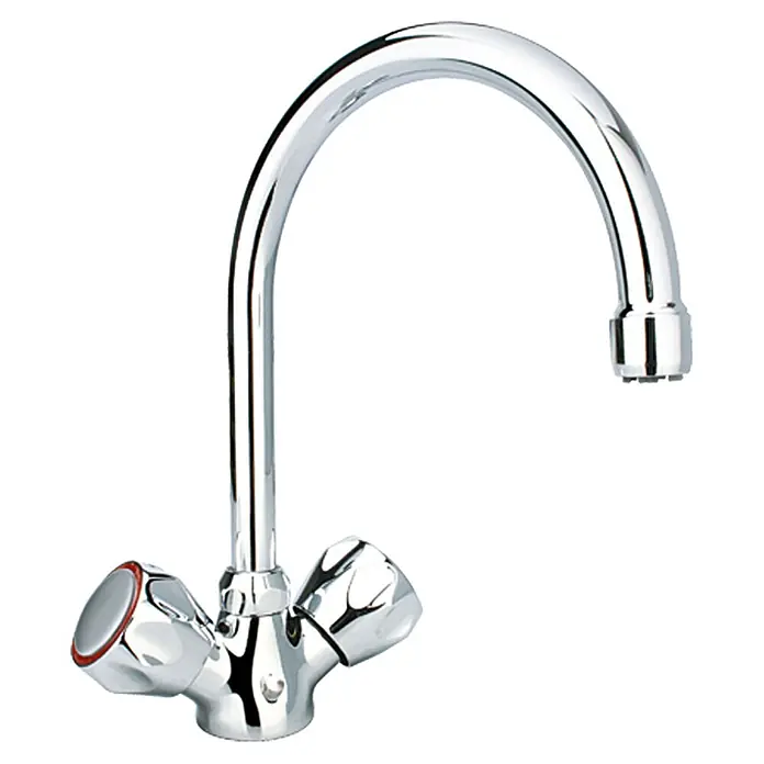 Mixomat Spültischarmatur Sepia - Niederdruck, Chrom, Glänzend - Ein verchromter Wasserhahn mit zwei Griffen und einem geschwungenen Auslauf, der sich ideal für Küche oder Bad eignet.