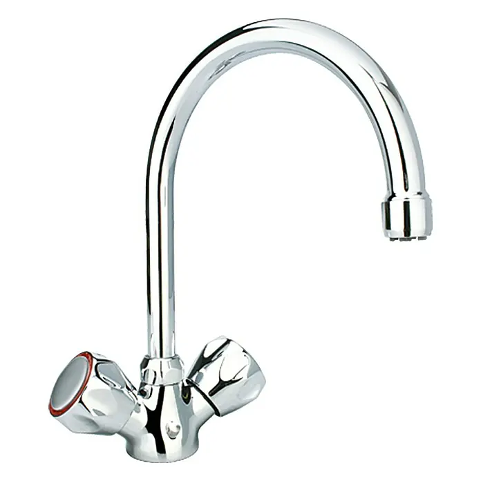 Mixomat Spültischarmatur Sepia - Niederdruck, Chrom, Glänzend - Ein verchromter Wasserhahn mit zwei Griffen und einem geschwungenen Auslauf, der sich ideal für Küche oder Bad eignet.