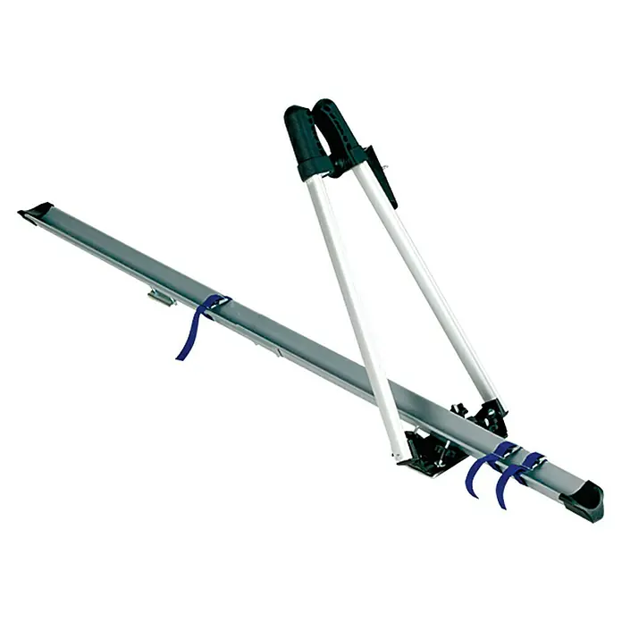 Fischer Dachfahrradträger X-treme - Traglast: 15 kg, Geeignet für: Rahmenform 30 - 80 mm, Barrenstärke: 38 x 50 mm, Aluminium - Bild eines Fahrradträgers, der für den Transport von Fahrrädern auf einem Fahrzeug konzipiert ist. Er ist grau und hat schwarze Details.