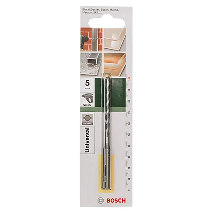 Bosch Universalbohrer - Durchmesser Bohrer: 5 mm, 55 mm - Das Bild zeigt eine 5 mm Universal-Bohrmaschine von Bosch in einer Blisterverpackung, geeignet für verschiedene Bohrmaschinenmarken.