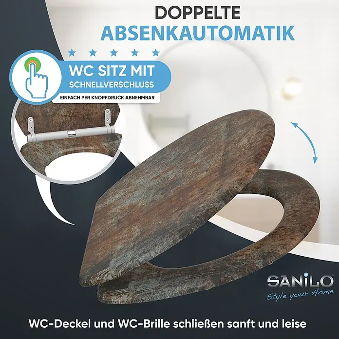 SANILO WC-Sitz Rusty mit Absenkautomatik - MDF, Braun, Mit Absenkautomatik - Rostfarbener WC-Sitz mit Doppel-Absenkautomatik und Schnellverschluss, der Deckel und Brille sanft und leise schließt.