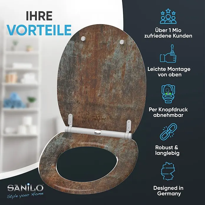 SANILO WC-Sitz Rusty mit Absenkautomatik - MDF, Braun, Mit Absenkautomatik - Eine Toilettenbrille mit rustikaler Rostoptik ist geöffnet und zeigt ihr Design und die Schnellverschluss-Scharniere.