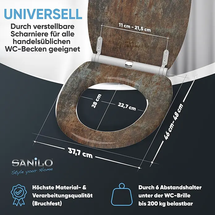SANILO WC-Sitz Rusty mit Absenkautomatik - MDF, Braun, Mit Absenkautomatik - WC-Sitz in Rost-Optik, universell passend durch verstellbare Scharniere, bis 200 kg belastbar.