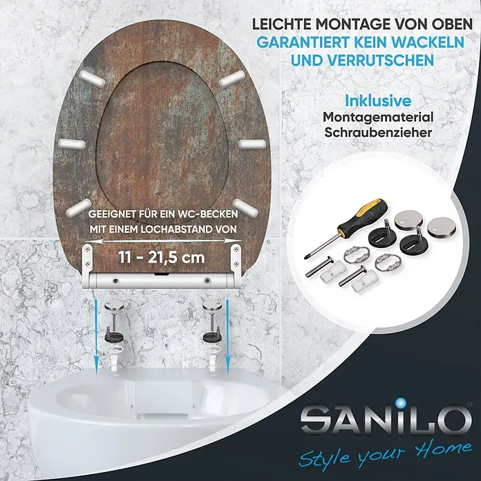 SANILO WC-Sitz Rusty mit Absenkautomatik - MDF, Braun, Mit Absenkautomatik - Rostbrauner WC-Sitz mit einfacher Top-Montage, passend für Lochabstand 11-21,5 cm. Inkl. Montagematerial & Schraubenzieher.