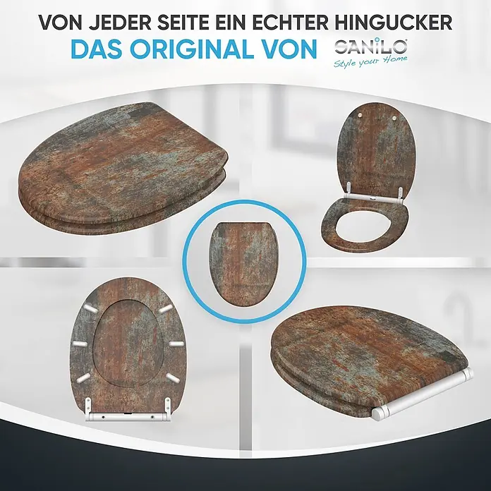 SANILO WC-Sitz Rusty mit Absenkautomatik - MDF, Braun, Mit Absenkautomatik - Rustikaler WC-Sitz in Rost-Metall-Optik, aus verschiedenen Perspektiven gezeigt.