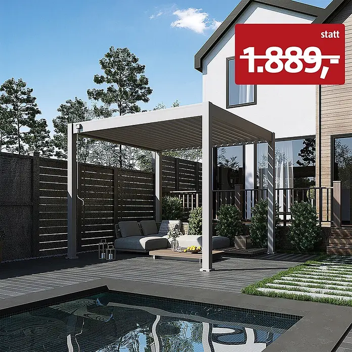 Weide Pergola Classic 3 x 3 M Ivory Sand - B x T: 300 x 300 cm, Farbe Gestell: Sand, Aluminium - Graue/weiße Metallpergola überdacht einen Sitzbereich im Freien neben einem modernen Haus und Pool.