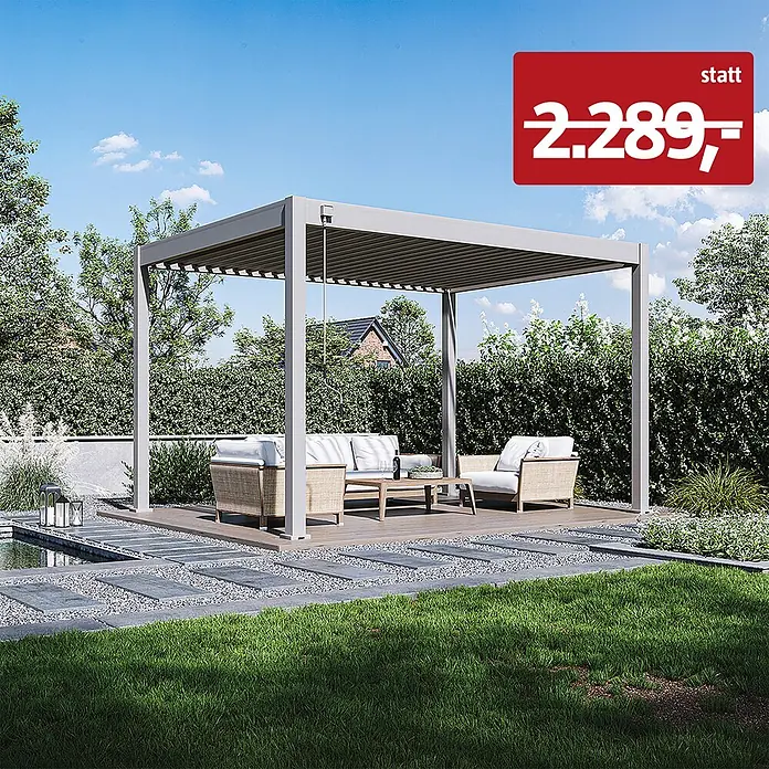 Weide Pergola Classic 3 x 4 M Ivory Sand - B x T: 400 x 300 cm, Farbe Gestell: Sand, Aluminium - Graue Pergola mit Lamellendach über Outdoor-Korbmöbeln im Garten.
