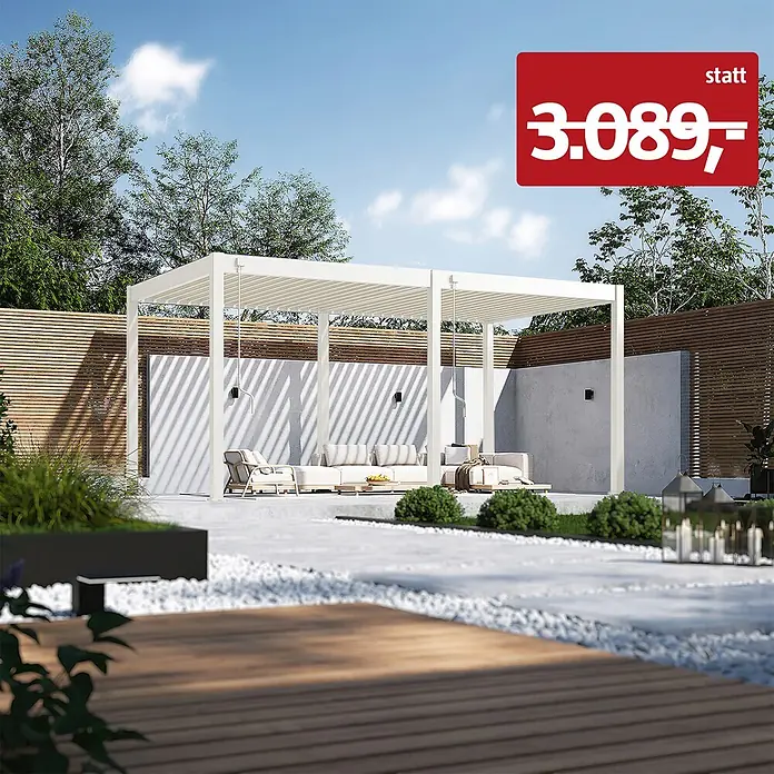 Weide Pergola Classic 3 x 5,3 M Weiß - B x T: 530 x 300 cm, Farbe Gestell: Weiß, Aluminium - Weiße Aluminium-Pergola mit verstellbarem Lamellendach, spendet Schatten über modernen Terrassenmöbeln im Außenbereich.