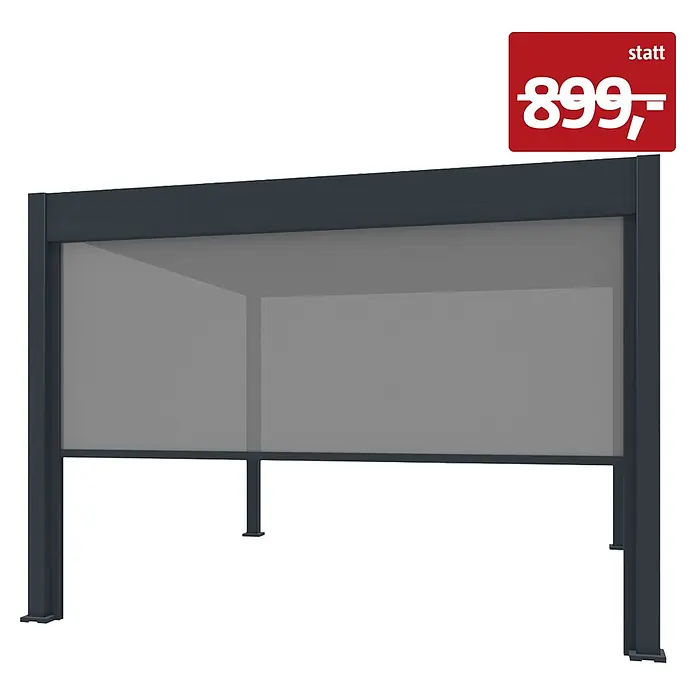 Weide Pergola Sonnenrollo Anthrazit - B x T: 370 x 4 cm, Metall - Dunkelgraue Pergola mit einem grauen ausziehbaren Sichtschutz und rotem Preisschild "statt 899,-".