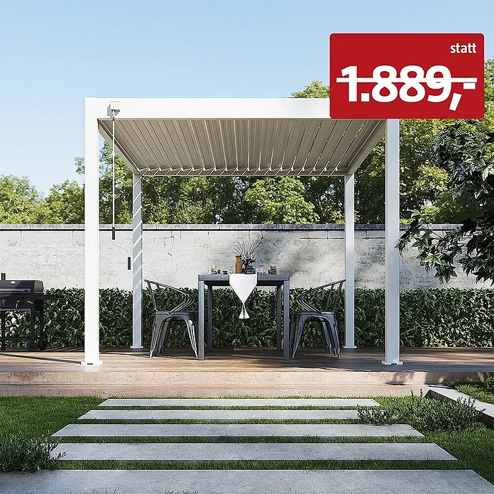 Weide Pergola Classic 3 x 3 M Weiß - B x T: 300 x 300 cm, Farbe Gestell: Weiß, Metall - Weiße Pergola mit verstellbarem Lamellendach, spendet Schatten über einem Essbereich auf einer Holzterrasse im Garten.
