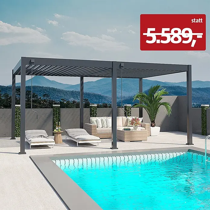 Weide Pergola Deluxe freistehend 3,6 x 5,3 m Anthrazit Aluminium - B x T: 530 x 360 cm, Farbe Gestell: Sandpapier FinishAnthrazit / RAL Farbcode 7024, Aluminium - Dunkelgraue Lamellenpergola spendet Schatten über einer modernen Terrasse mit Loungemöbeln und Pool.