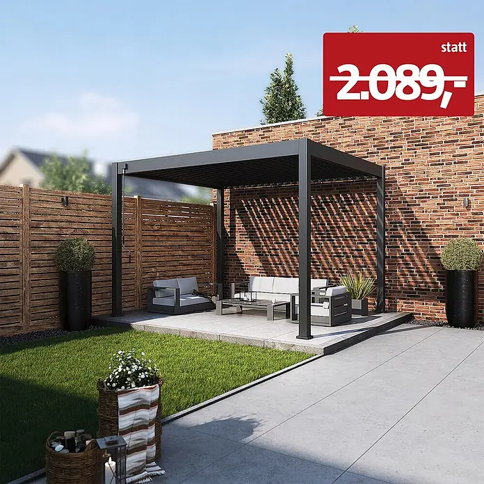 Weide Pergola Classic 3 x 3,6 M Anthrazit - B x T: 360 x 300 cm, Farbe Gestell: Anthrazit, Aluminium - Dunkelgraue Metall-Pergola spendet Schatten über einer Außenterrasse mit Sitzgelegenheiten.