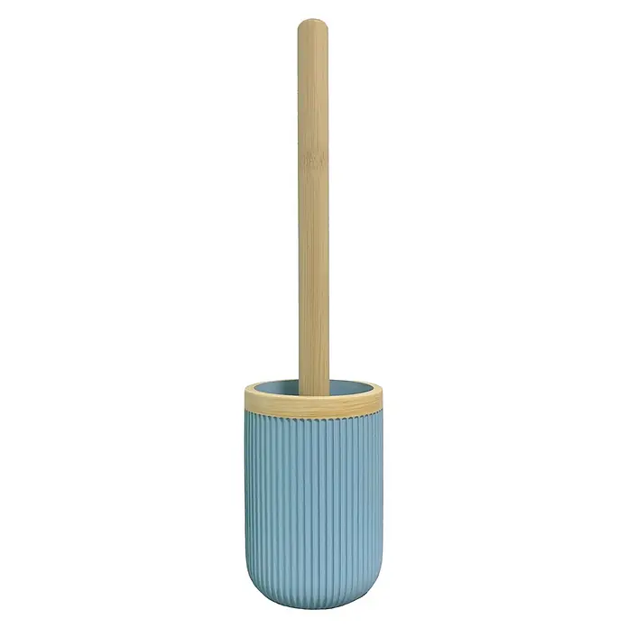 Camargue WC-Bürstengarnitur Ocean Wood - Blau/Bamboo, Rund, Ø x H: 8,8 x 37,3 cm - Hellblauer Toilettenbürstenhalter mit Bambusrand und -griff.