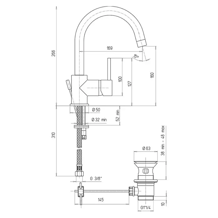 Kiamami Valentina Waschtischarmatur - Silber - Technische Zeichnung einer Armatur und eines Abflusses mit Maßen und Anschlussdetails.