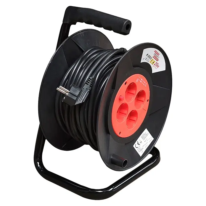 Profi Depot Enrollacables 20 M - Plástico, 20 m, IP20 - Carrete de cable negro sobre soporte con 4 tomas rojas, un enchufe negro y cable negro enrollado.