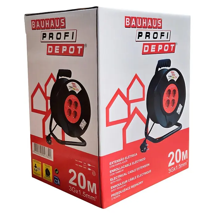 Profi Depot Enrollacables 20 M - Plástico, 20 m, IP20 - Caja blanca y roja para una alargadera eléctrica Bauhaus Profi Depot de 20m (3Gx1.5mm²).