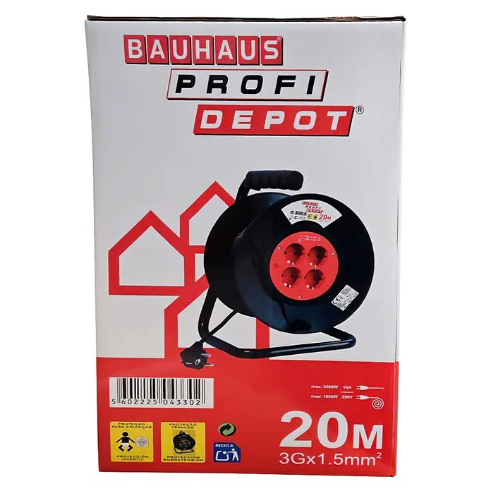 Profi Depot Enrollacables 20 M - Plástico, 20 m, IP20 - Caja para enrollacables eléctrico negro Bauhaus Profi Depot con cuatro enchufes rojos, 20m, 3Gx1.5mm².