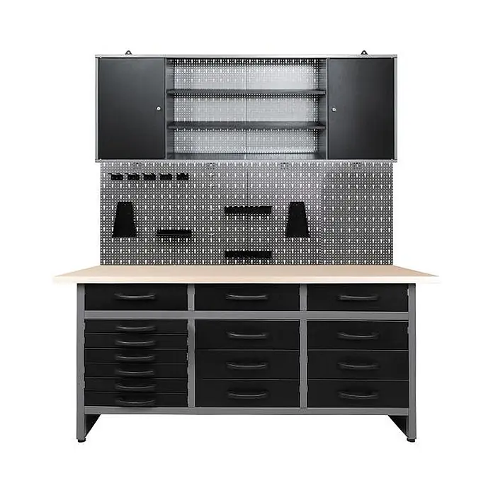 Ondis24 Werkbank-Set - L x B: 160 x 60 cm, Arbeitshöhe: 850 mm, Metall - Graue Metallwerkbank mit schwarzen Schubladen, heller Holzplatte, Metalllochwand und oberen Schränken.