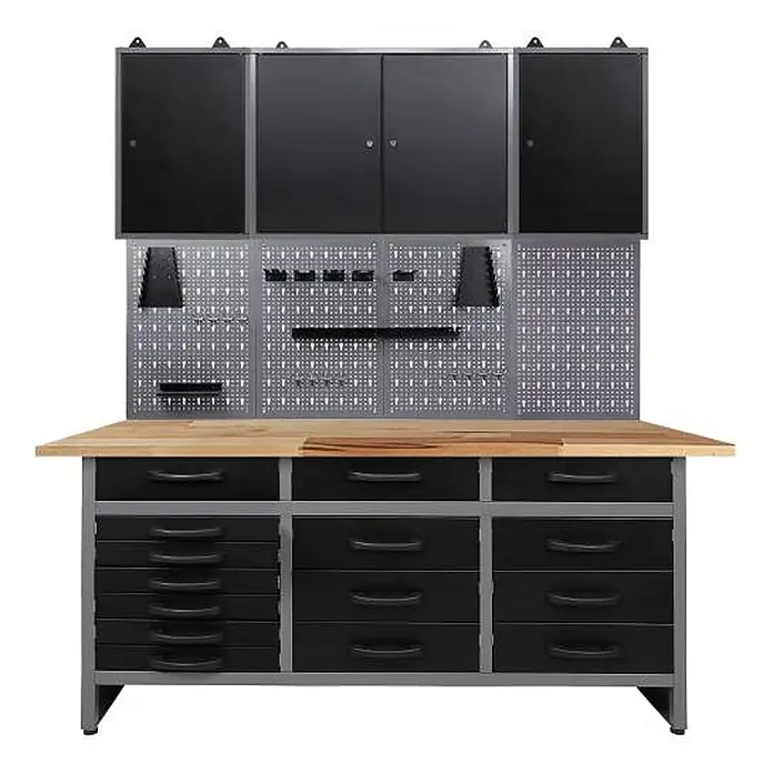 Ondis24 Werkbank-Set - L x B: 160 x 60 cm, Arbeitshöhe: 850 mm, Metall - Graue und schwarze Metall-Werkbank mit Holzplatte, Oberschränken, Lochwand und schwarzen Schubladen für Garage oder Werkstatt.