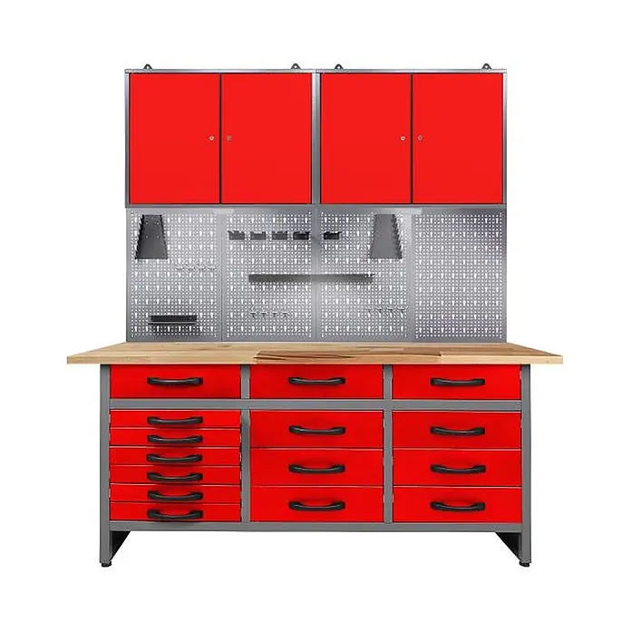 Ondis24 Werkbank-Set - L x B: 160 x 60 cm, Arbeitshöhe: 850 mm, Metall - Rot-graue Werkbank mit Holzplatte, roten Oberschränken, mehreren roten Schubladen und einer Lochwand zur Werkzeugaufbewahrung.