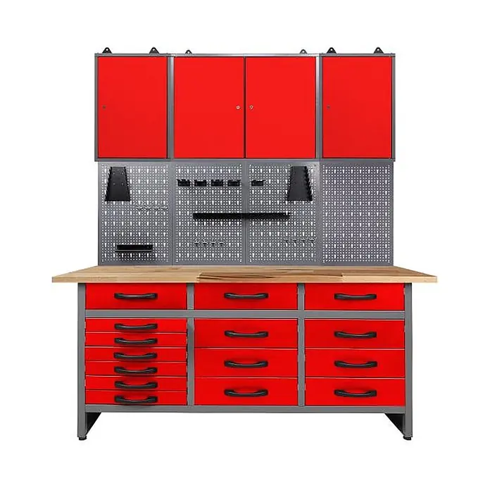 Ondis24 Werkbank-Set - L x B: 160 x 60 cm, Arbeitshöhe: 850 mm, Metall - Rote und graue Werkbank mit Holzplatte, Schubladen, Schränken und Lochwand zur Werkzeugaufbewahrung.