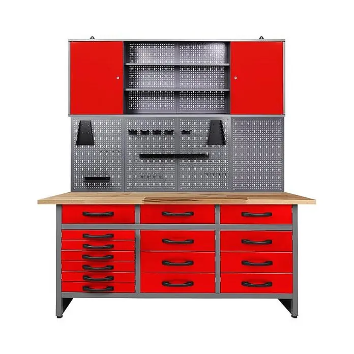 Ondis24 Werkbank-Set - L x B: 160 x 60 cm, Arbeitshöhe: 850 mm, Metall - Rote und graue Metallwerkbank mit Holzarbeitsplatte, Schubladen und Oberschränken mit Lochwand.