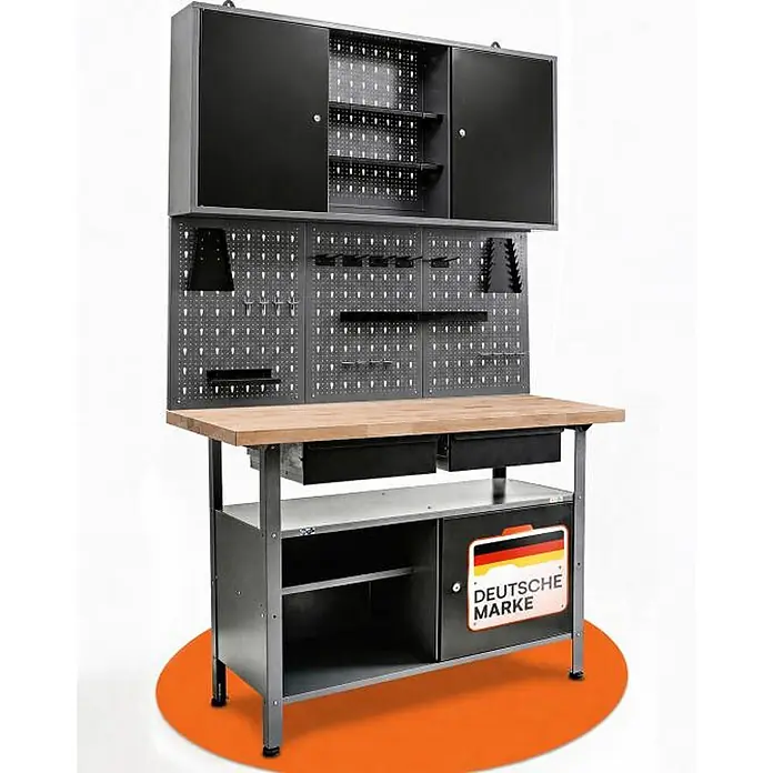 Ondis24 Werkbank-Set - L x B: 120 x 60 cm, Arbeitshöhe: 850 mm, Metall - Robuste graue/schwarze Metall-Werkbank mit Holzplatte, Oberschrank, Lochwand, Schubladen und Regalen. Mit "Deutsche Marke"-Etikett.