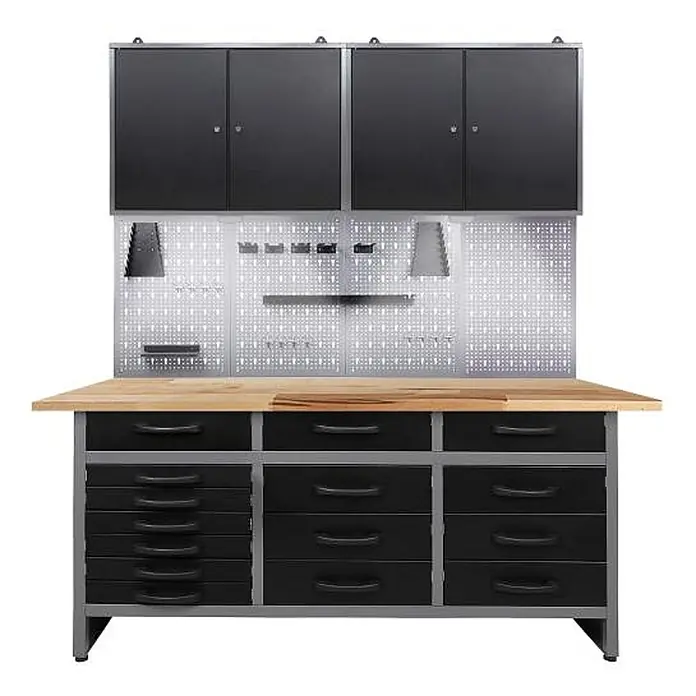 Ondis24 Werkbank-Set - L x B: 160 x 60 cm, Arbeitshöhe: 850 mm, Metall - Schwarz-graue Werkbank mit Holzplatte, Hängeschränken, Lochwand und schwarzen Schubladen zur Werkzeugaufbewahrung.