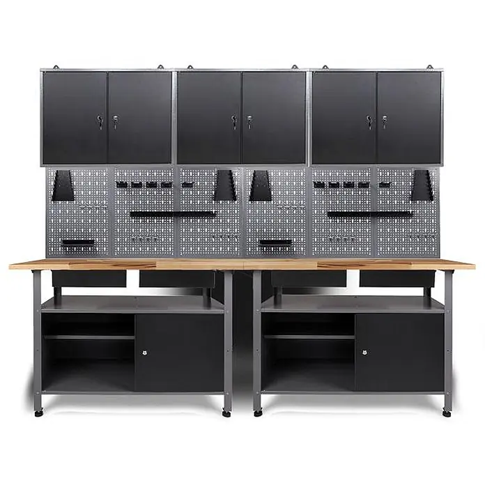Ondis24 Werkbank-Set - L x B: 240 x 60 cm, Arbeitshöhe: 850 mm, Metall - Modulares grau-schwarzes Metall-Werkstattregalsystem mit Oberschränken, Lochplatten und einer hellen Holzwerkbank mit Unterschränken.