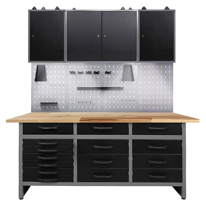 Ondis24 Werkbank-Set - L x B: 160 x 60 cm, Arbeitshöhe: 850 mm, Metall - Schwarze Metall-Werkbank mit Holzplatte, Oberschränken, Lochwand und vielen Schubladen.