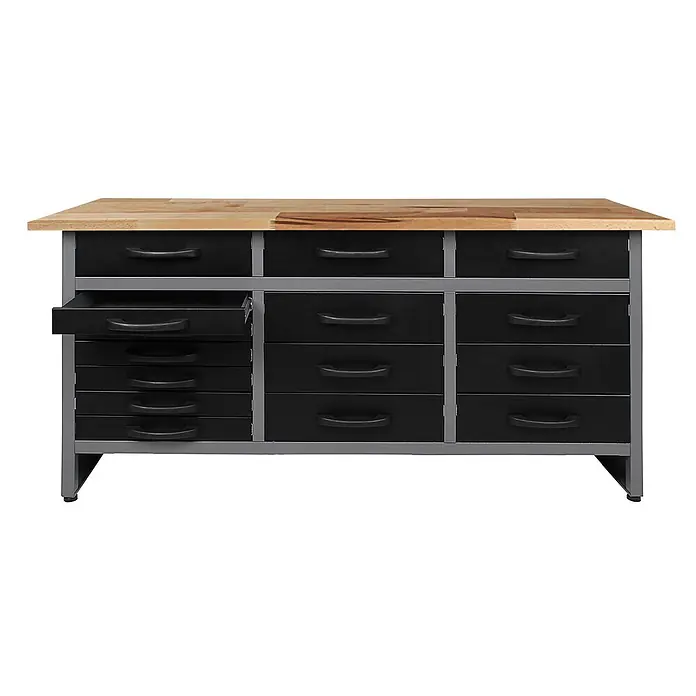 Ondis24 Werkbank-Set - L x B: 160 x 60 cm, Arbeitshöhe: 850 mm, Metall - Robuste Werkbank mit heller Holzplatte und vielen schwarzen Metallschubladen in grauem Metallrahmen, eine Schublade leicht geöffnet.