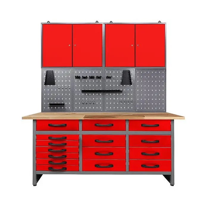 Ondis24 Werkbank-Set - L x B: 160 x 60 cm, Arbeitshöhe: 850 mm, Metall - Rote und graue Metall-Werkbank mit Holzplatte, Oberschränken, mehreren Schubladen und einer Lochwand zur Werkzeugaufbewahrung.