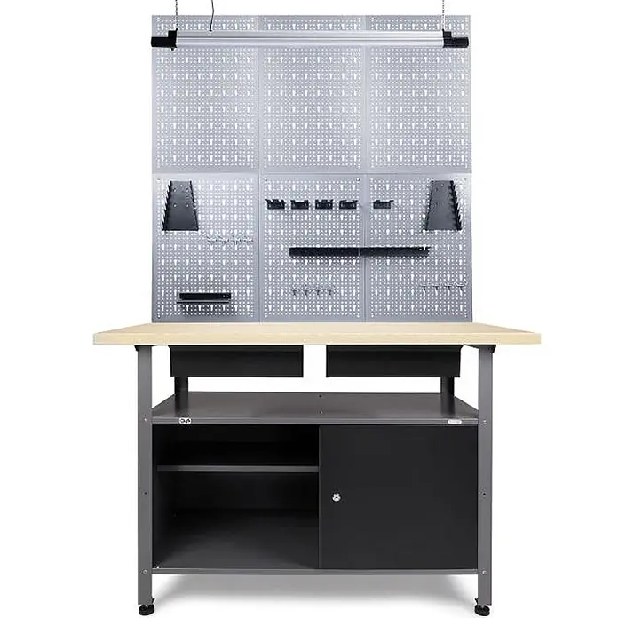Werkstattset Fritz 120cm Werkstatteinrichtung Bluetooth -  - Graue Metallwerkbank mit heller Holzplatte, integrierter Lochwand, Auszügen und Schrankstauraum.