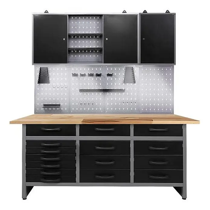 Ondis24 Werkbank-Set - L x B: 160 x 60 cm, Arbeitshöhe: 850 mm, Metall - Schwarz-graue Metallwerkbank mit Holzplatte, Oberschränken, Lochwand und mehreren Schubladen.