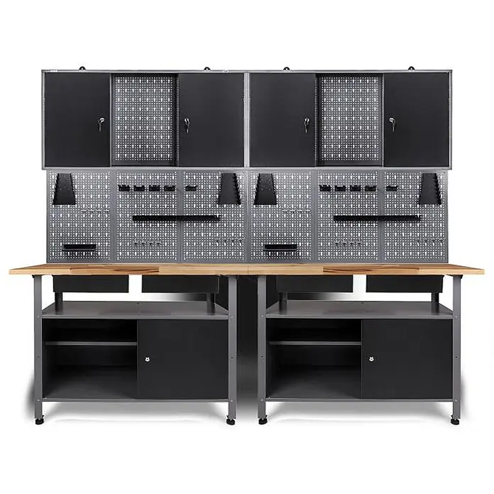 Ondis24 Werkbank-Set - Arbeitshöhe: 850 mm, Metall - Modulares Werkbank-System aus schwarzem und grauem Metall mit Holzplatten, Lochplattenrückwänden und integrierten Lagerschränken.