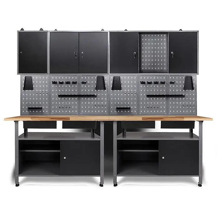 Ondis24 Werkbank-Set - L x B: 240 x 60 cm, Arbeitshöhe: 850 mm, Metall - Schwarz-graues Werkbanksystem mit Holzplatte, Oberschränken, Lochwänden und Unterschränken.
