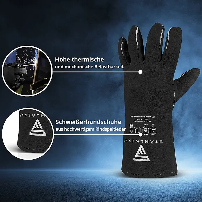 STAHLWERK Schweißerhandschuhe Schweißerschutzhandschuhe 2er Set - Universal, Schwarz, Sonstiges - Schwarzer Schweißerhandschuh aus hochwertigem Rindspaltleder, mit hoher thermischer und mechanischer Belastbarkeit beim Schweißen.